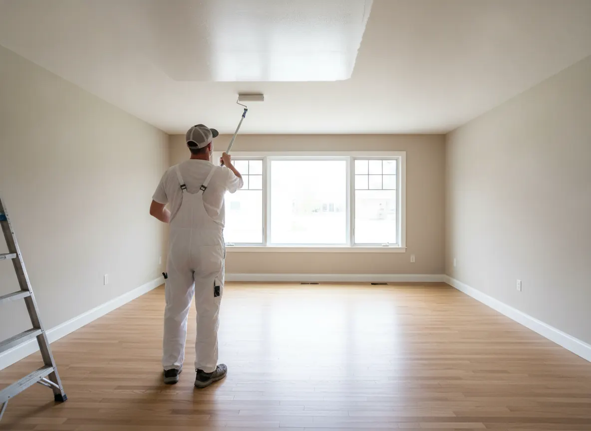 Painter rolling white paint onto a freshly finished ceiling