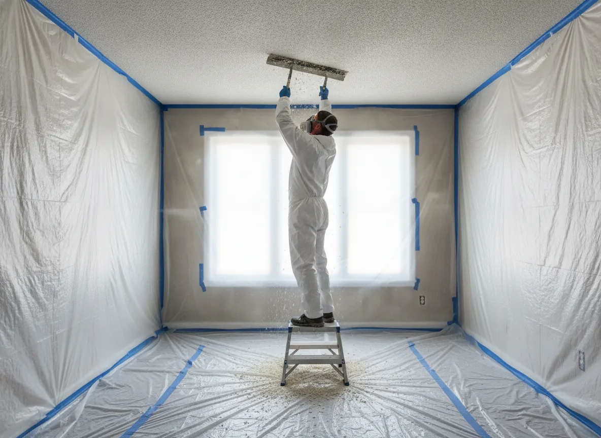 Illustration of a room sealed in plastic sheeting while a worker scrapes a popcorn ceiling